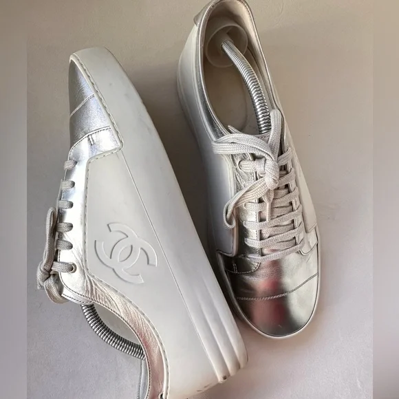 Authentic Chanel CC Sneakers White And Metallic Grey Shoes EuSize 42 US 9